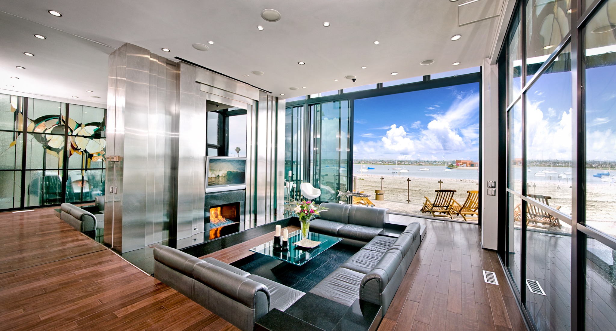 Bayfront living room opening onto Mission Bay